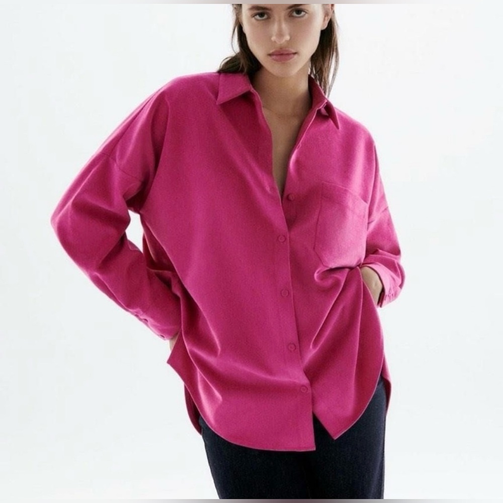 Zara Fine-Waled Oversized Corduroy Shirt in Fuchsia Pink Size M